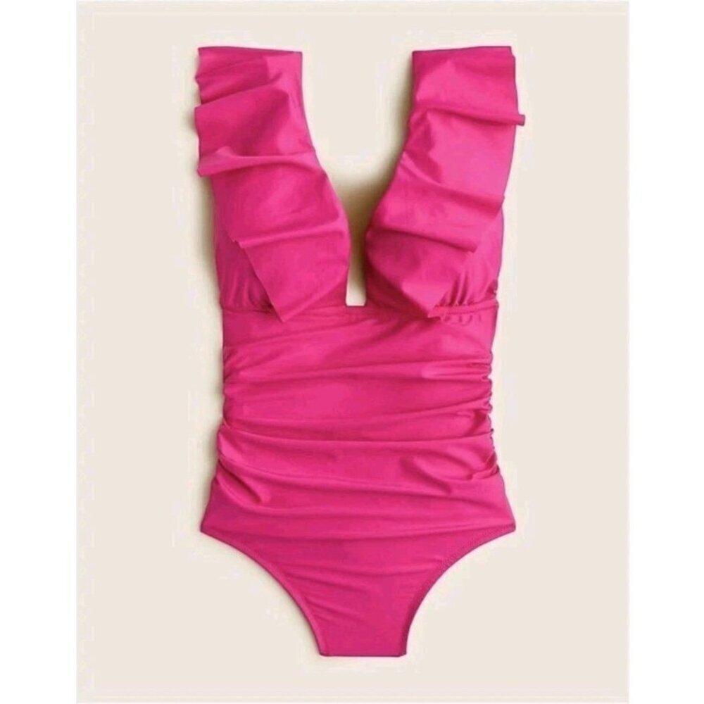 J. Crew Pink Fushia One Piece Swim Suit Ruched Ruffle V Neck Women's 22 (866)